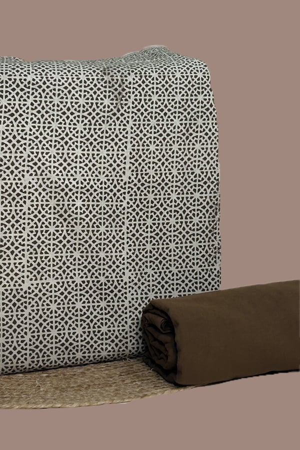 White - 2pc Set Bagh Handblock Top and Plain Dyed Bottom Cotton Fabric Set