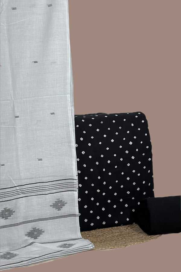 3Pc Set Handloom Cotton Dupatta and Bandhani Cotton Top with Handloom Soft Cotton Bottom Fabric Set