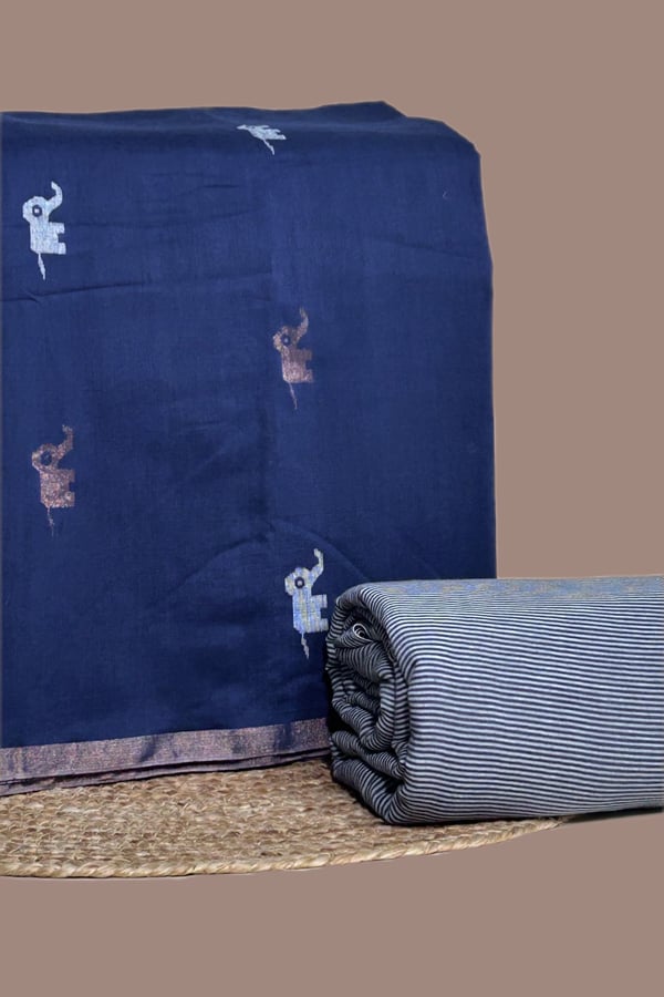 2Pc Handloom COTTONSILK Woven Motif Top with Handloom Stripes Soft Cotton Bottom Fabric Set