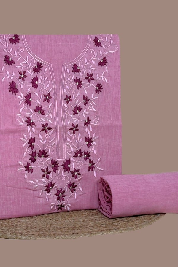 2Pc Handloom Embroidered Neck Design Soft Cotton Top(3m) Bottom(2.5m) Fabric Set 2Pc Handloom Embroidered Neck Design Soft Cotton Top(3m) Bottom(2.5m) Fabric Set - Image 1