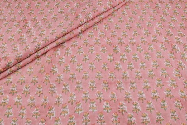Pre-Cut 2m Salmon Pink Floral Handblock Printed 100% Pure Soft Cotton Fabric