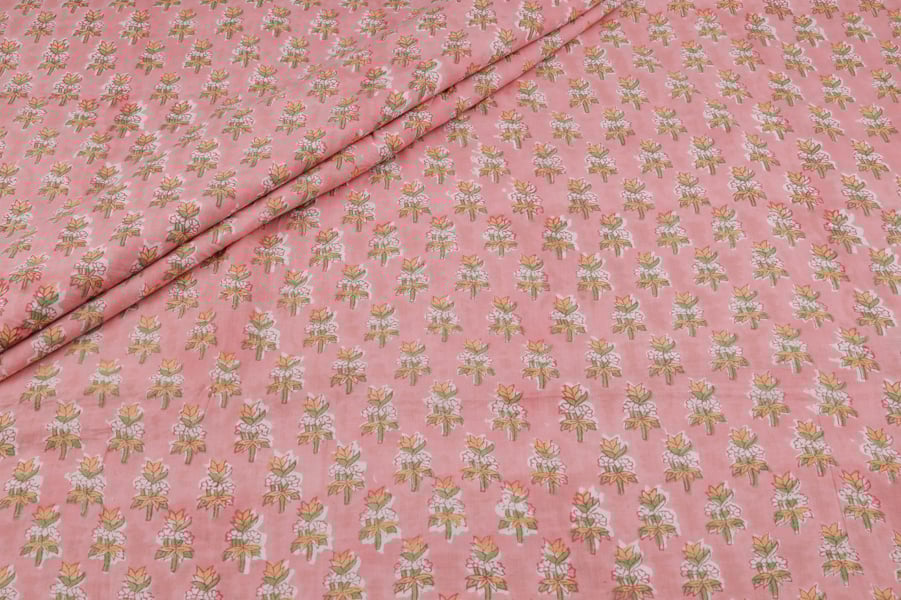 Salmon Pink Floral Handblock Printed 100% Pure Soft Cotton Fabric Pre-Cut 2m Salmon Pink Floral Handblock Printed 100% Pure Soft Cotton Fabric - Image 1