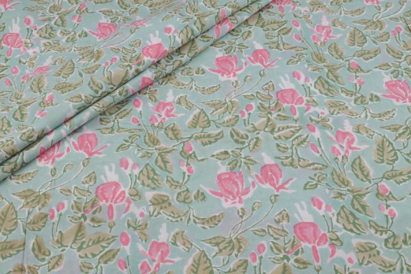Mint Blue Floral Handblock Printed 100% Pure Soft Cotton Fabric