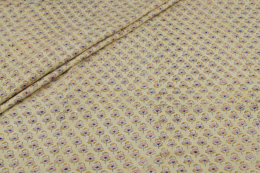 Lemon Yellow Floral Handblock Printed 100% Pure Soft Cotton Fabric Lemon Yellow Floral Handblock Printed 100% Pure Soft Cotton Fabric - Image 1