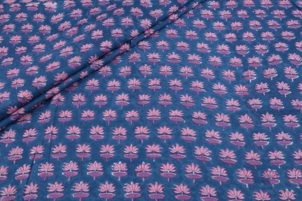 Blue Floral Handblock Printed 100% Pure Soft Cotton Fabric