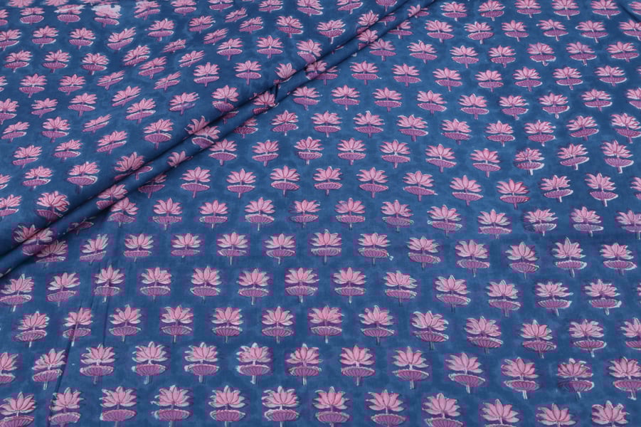 Blue Floral Handblock Printed 100% Pure Soft Cotton Fabric Blue Floral Handblock Printed 100% Pure Soft Cotton Fabric - Image 1