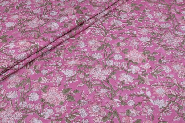 Rose Pink Floral Handblock Printed 100% Pure Soft Cotton Fabric