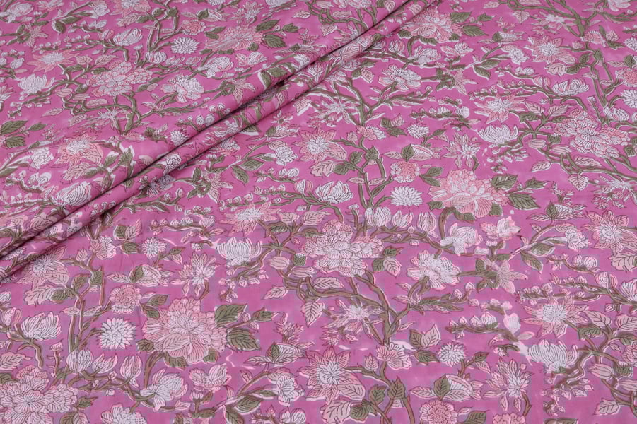 Rose Pink Floral Handblock Printed 100% Pure Soft Cotton Fabric Rose Pink Floral Handblock Printed 100% Pure Soft Cotton Fabric - Image 1