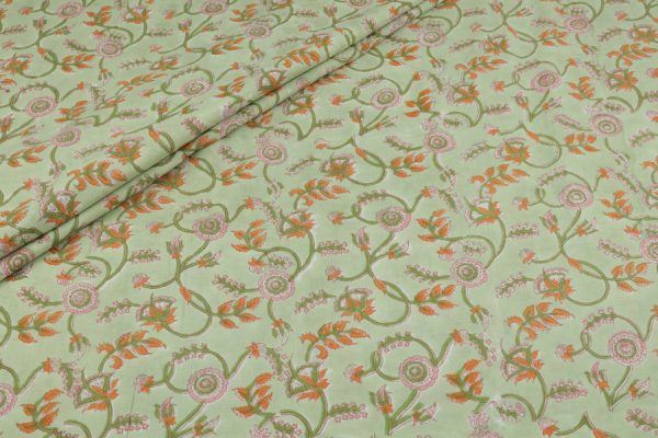 Pre-Cut 1.70m Moss Green Floral Handblock Printed 100% Pure Soft Cotton Fabric