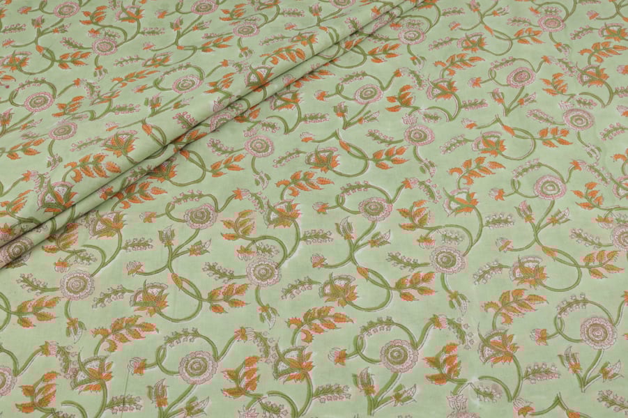 Moss Green Floral Handblock Printed 100% Pure Soft Cotton Fabric Moss Green Floral Handblock Printed 100% Pure Soft Cotton Fabric - Image 1