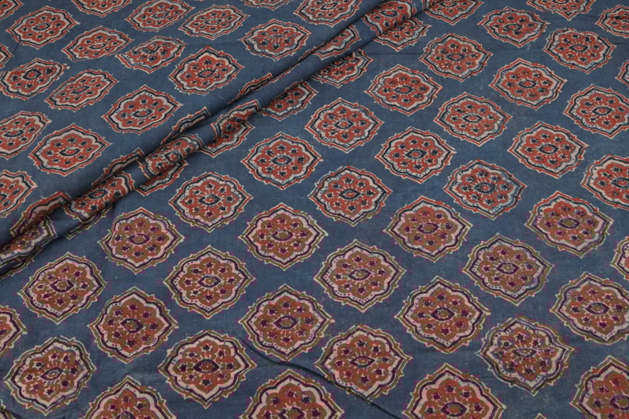 Natural Blue Dye Handblock Ajrakh Printed Cotton Fabric Natural Blue Dye Handblock Ajrakh Printed Cotton Fabric - Image 1