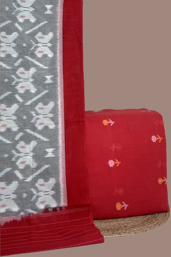 Red - 2pc Ikkat Cotton Dupatta and Handloom Woven Motif Cotton Top Fabric Set Red - 2pc Ikkat Cotton Dupatta and Handloom Woven Motif Cotton Top Fabric Set - Image 1