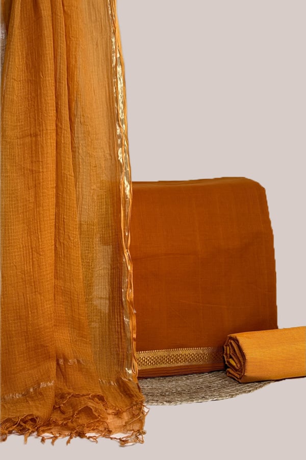 Orange - 3pc Kota Doria Dupatta with Mangalgiri Zari Border Top and Mangalgiri Stripes Cotton Bottom Fabric Set Orange - 3pc Kota Doria Dupatta with Mangalgiri Zari Border Top and Mangalgiri Stripes Cotton Bottom Fabric Set - Image 1