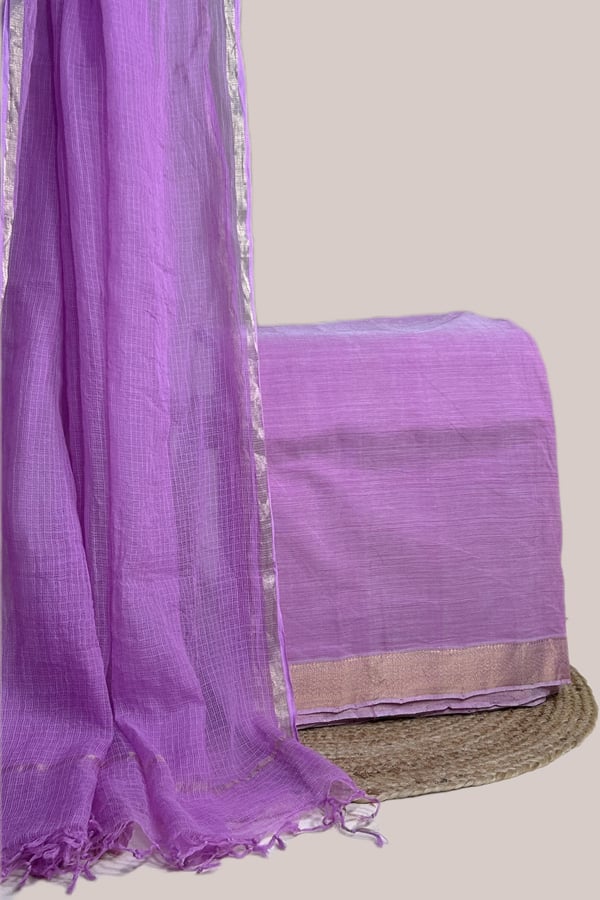 Purple - 2pc Kota Doria Dupatta and Mangalgiri Zari Border Handwoven Pure Cotton Set Purple - 2pc Kota Doria Dupatta and Mangalgiri Zari Border Handwoven Pure Cotton Set - Image 1