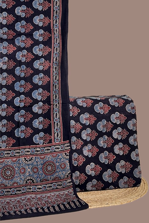 Black - 2pc Ajrakh HandCrafted Cotton Dupatta and Top Cotton Fabric Set Black - 2pc Ajrakh HandCrafted Cotton Dupatta and Top Cotton Fabric Set - Image 1