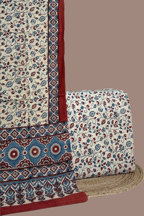 White - 2pc Ajrakh HandCrafted Cotton Dupatta and Top Cotton Fabric Set White - 2pc Ajrakh HandCrafted Cotton Dupatta and Top Cotton Fabric Set - Image 1