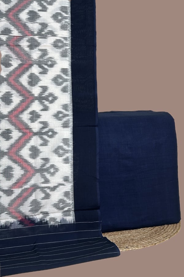 Blue - 2pc Ikkat Cotton Dupatta and Handloom Soft Cotton Top Fabric Set Blue - 2pc Ikkat Cotton Dupatta and Handloom Soft Cotton Top Fabric Set - Image 1