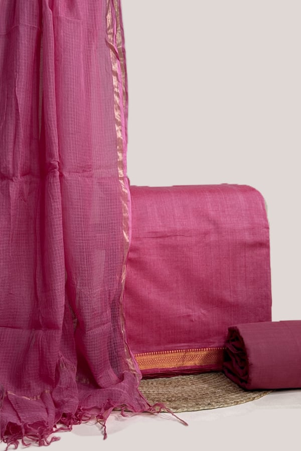Pink - 3pc Kota Doria Dupatta with Mangalgiri Zari Border Top and Mangalgiri Cotton Bottom Fabric Set Pink - 3pc Kota Doria Dupatta with Mangalgiri Zari Border Top and Mangalgiri Cotton Bottom Fabric Set - Image 1