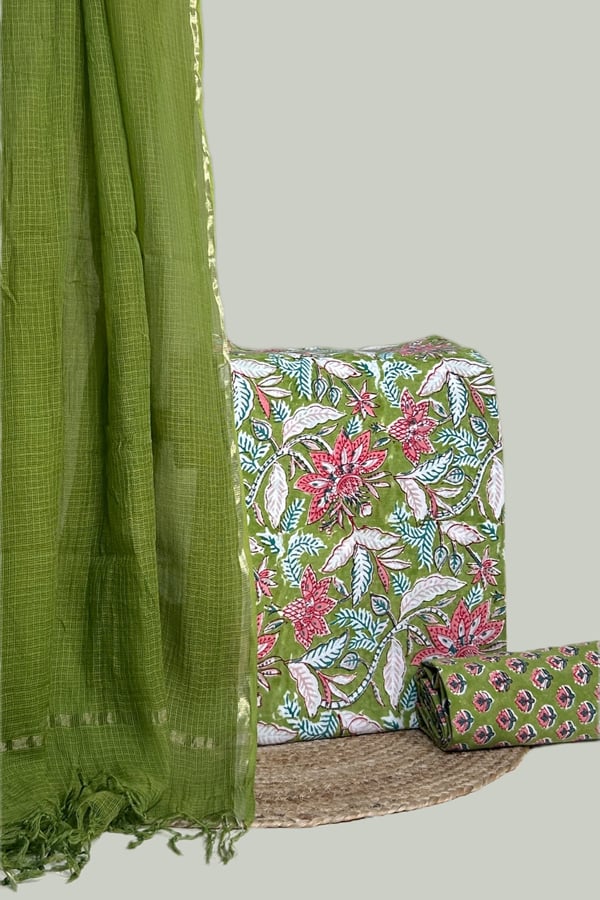 Green - 3pc Kota Doria Dupatta with Blockprint Pure Soft Cotton Top & Bottom Set Green - 3pc Kota Doria Dupatta with Blockprint Pure Soft Cotton Top & Bottom Set - Image 1