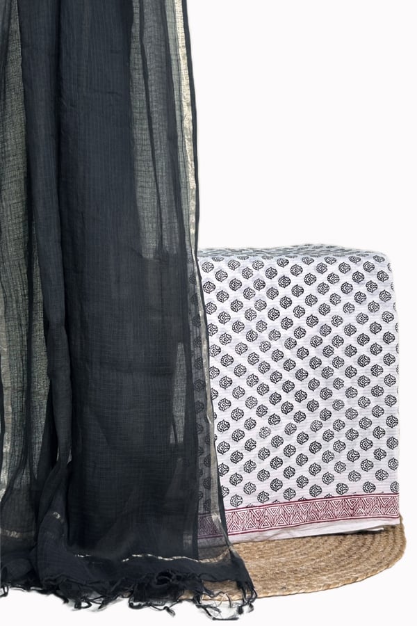 White - 2pc Kota Doria Dupatta and Bagh Blockprint Top Cotton Fabric Set White - 2pc Kota Doria Dupatta and Bagh Blockprint Top Cotton Fabric Set - Image 1