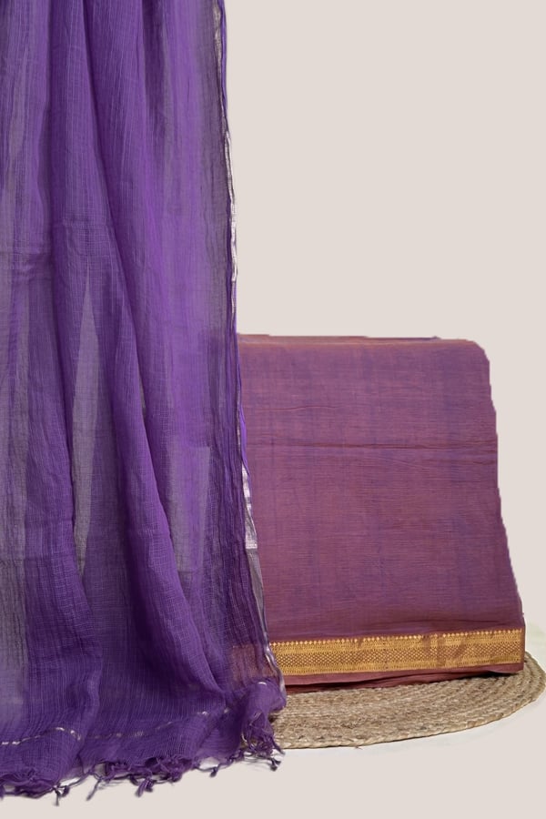 Purple - 2pc Kota Doria Dupatta and Mangalgiri Zari Border Handwoven Pure Cotton Set Purple - 2pc Kota Doria Dupatta and Mangalgiri Zari Border Handwoven Pure Cotton Set - Image 1