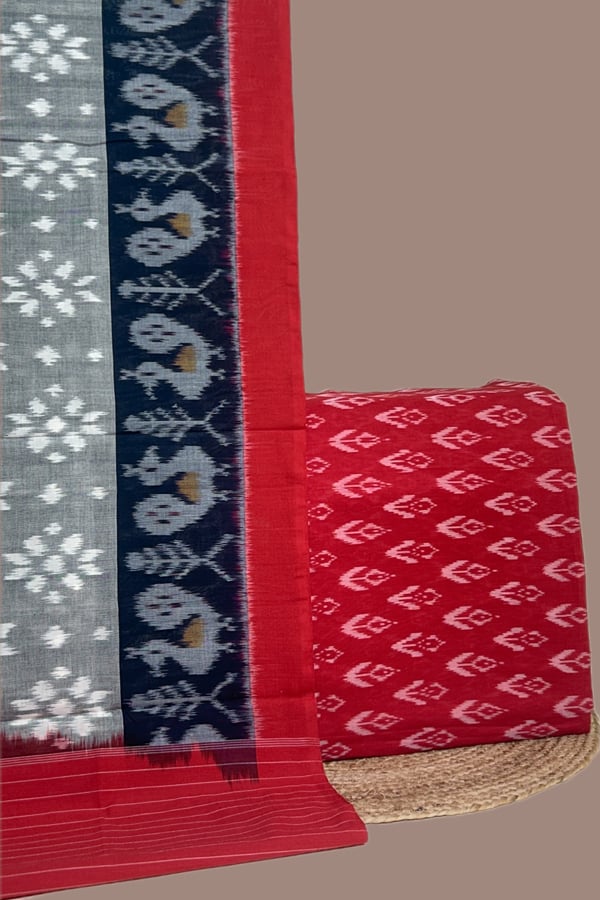 Red - 2pc Ikkat Cotton Dupatta and Handloom Soft Ikkat Cotton Top Fabric Set Red - 2pc Ikkat Cotton Dupatta and Handloom Soft Ikkat Cotton Top Fabric Set - Image 1