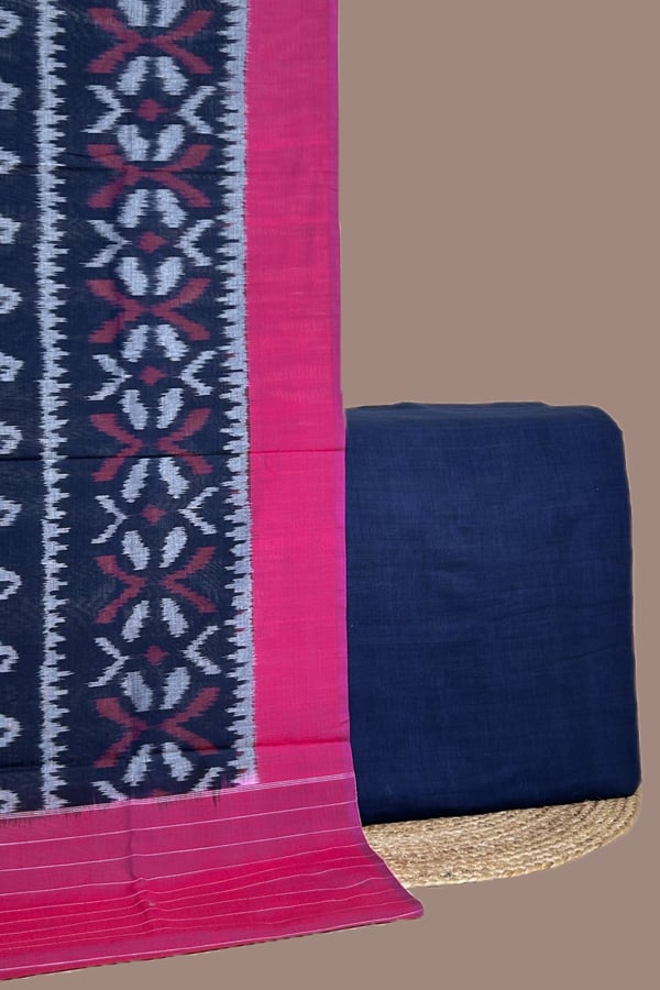 Blue - 2pc Ikkat Cotton Dupatta and Handloom Soft Cotton Top Fabric Set Blue - 2pc Ikkat Cotton Dupatta and Handloom Soft Cotton Top Fabric Set - Image 1