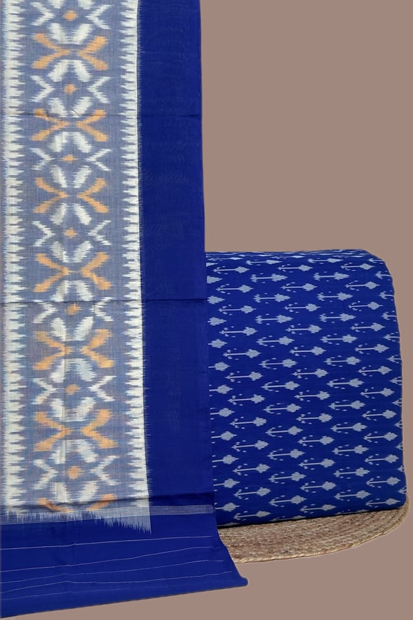 Blue - 2pc Ikkat Cotton Dupatta and Handloom Soft Ikkat Cotton Top Fabric Set