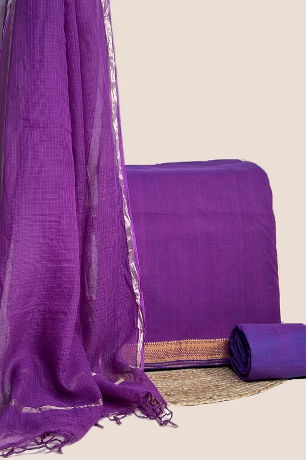 Violet - 3pc Kota Doria Dupatta with Mangalgiri Zari Border Top and Mangalgiri Stripes Cotton Bottom Fabric Set Violet - 3pc Kota Doria Dupatta with Mangalgiri Zari Border Top and Mangalgiri Stripes Cotton Bottom Fabric Set - Image 1