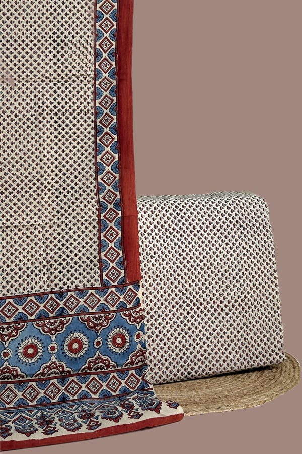White - 2pc Ajrakh HandCrafted Cotton Dupatta and Top Cotton Fabric Set White - 2pc Ajrakh HandCrafted Cotton Dupatta and Top Cotton Fabric Set - Image 1