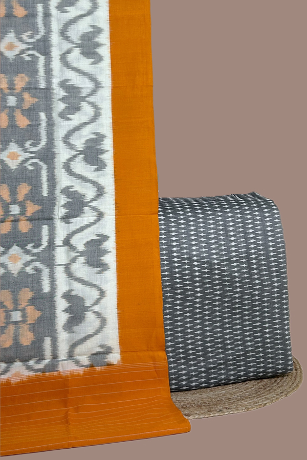 Gray - 2pc Ikkat Cotton Dupatta and Handloom Soft Ikkat Cotton Top Fabric Set Gray - 2pc Ikkat Cotton Dupatta and Handloom Soft Ikkat Cotton Top Fabric Set - Image 1
