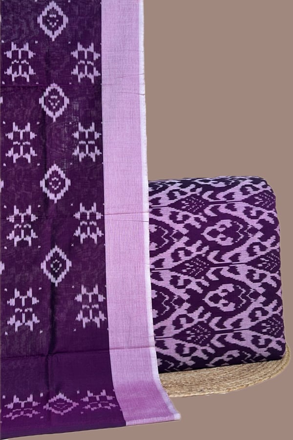 Purple - 2pc Ikkat Cotton Dupatta and Handloom Soft Ikkat Cotton Top Fabric Set Purple - 2pc Ikkat Cotton Dupatta and Handloom Soft Ikkat Cotton Top Fabric Set - Image 1