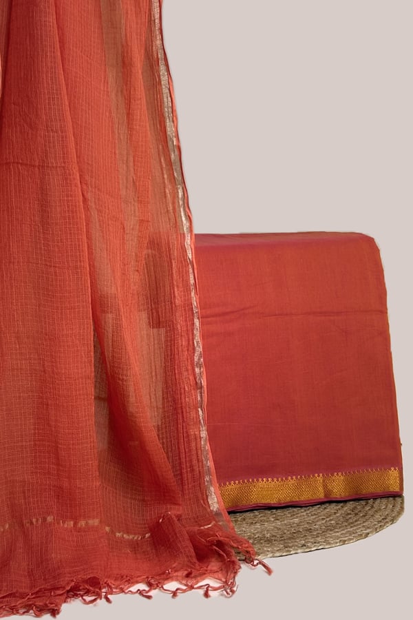 Orange - 2pc Kota Doria Dupatta and Mangalgiri Zari Border Handwoven Pure Cotton Set Orange - 2pc Kota Doria Dupatta and Mangalgiri Zari Border Handwoven Pure Cotton Set - Image 1