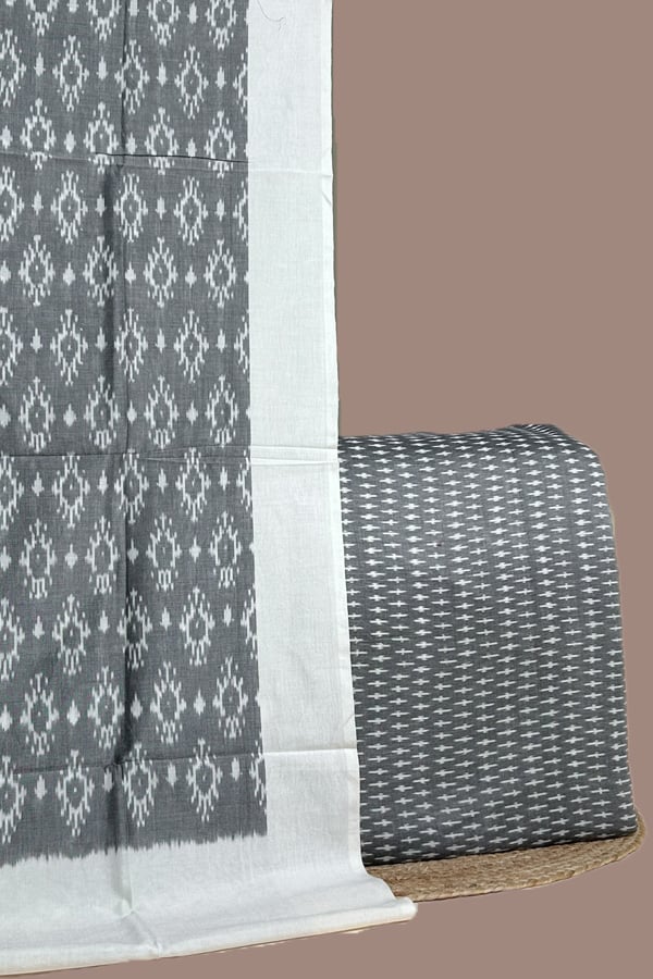 Gray - 2pc Ikkat Cotton Dupatta and Handloom Soft Ikkat Cotton Top Fabric Set Gray - 2pc Ikkat Cotton Dupatta and Handloom Soft Ikkat Cotton Top Fabric Set - Image 1