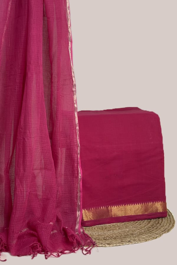 Red - 2pc Kota Doria Dupatta and Mangalgiri Zari Border Handwoven Pure Cotton Set Red - 2pc Kota Doria Dupatta and Mangalgiri Zari Border Handwoven Pure Cotton Set - Image 1