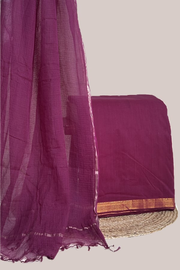 Maroon - 2pc Kota Doria Dupatta and Mangalgiri Zari Border Handwoven Pure Cotton Set Maroon - 2pc Kota Doria Dupatta and Mangalgiri Zari Border Handwoven Pure Cotton Set - Image 1