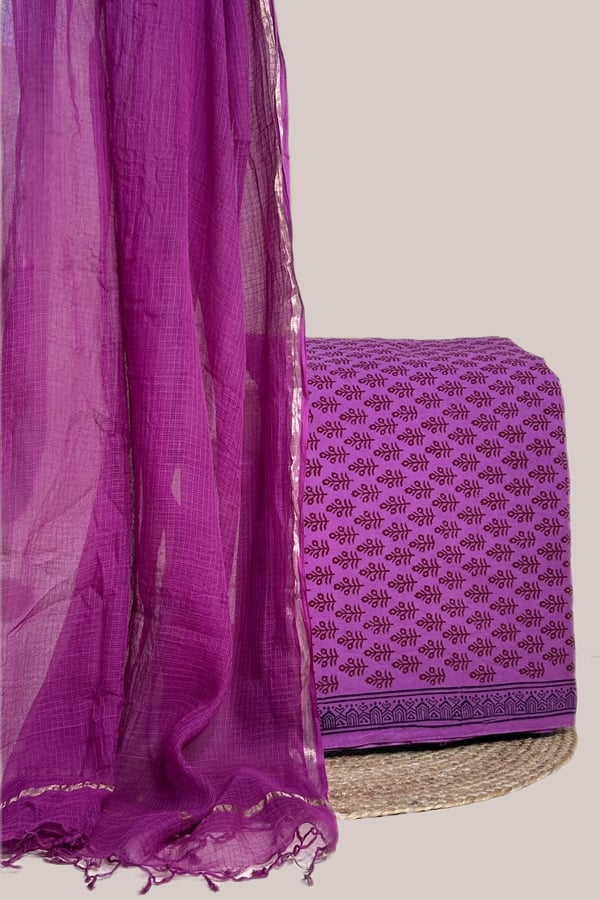 Purple - 2pc Kota Doria Dupatta and Bagh Blockprint Top Cotton Fabric Set
