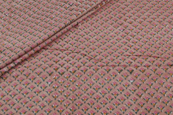 Pre-Cut 2.45m Dusty Rose Pink Floral Handblock Printed 100% Pure Soft Cotton Fabric