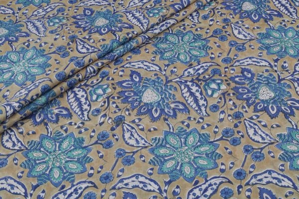 Pre-Cut 0.90m Ecru Brown MUL Floral Handblock Printed 100% Pure Soft Mul Cotton Fabric