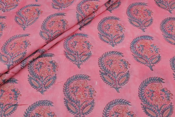Pre-Cut 1.85m Rose Pink MUL Floral Handblock Printed 100% Pure Soft Mul Cotton Fabric