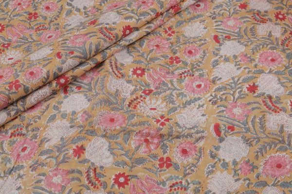 Flax Yellow Floral Handblock Printed 100% Pure Soft Cotton Fabric