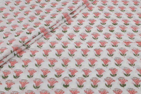 White Floral Handblock Printed 100% Pure Soft Cotton Fabric