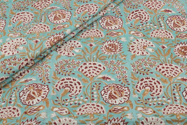 Pre-Cut 1.20m Powder Blue Floral Handblock Printed 100% Pure Soft Cotton Fabric