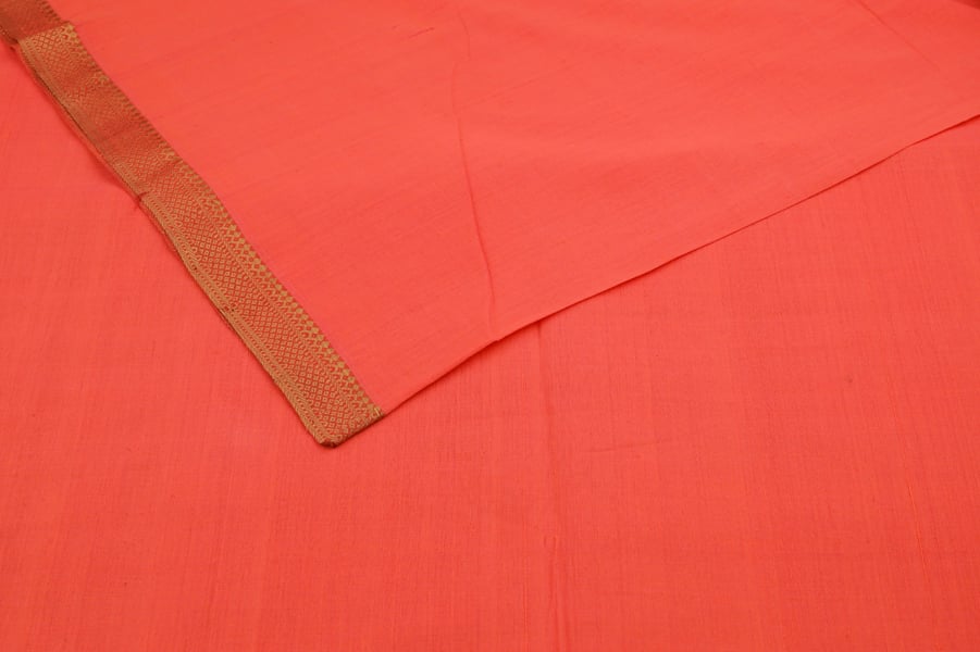 Neon Orange Handwoven Mangalgiri Zari Border Pure Cotton Fabric Neon Orange Handwoven Mangalgiri Zari Border Pure Cotton Fabric - Image 1