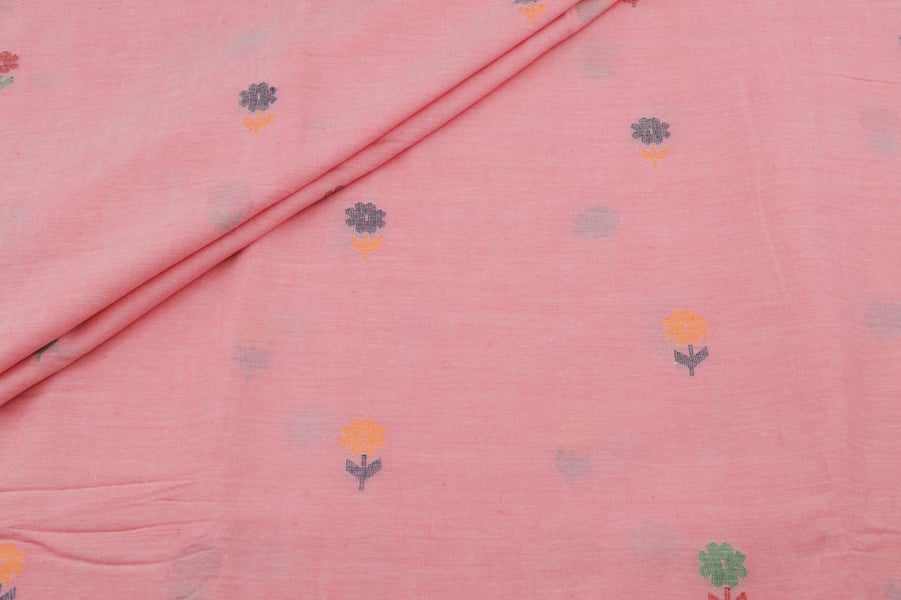 Flamingo Pink Jamdani Woven Design Flowy HandLoom Pure Soft Cotton Fabric Bubblegum Pink Jamdani Woven Design Flowy HandLoom Pure Soft Cotton Fabric - Image 1