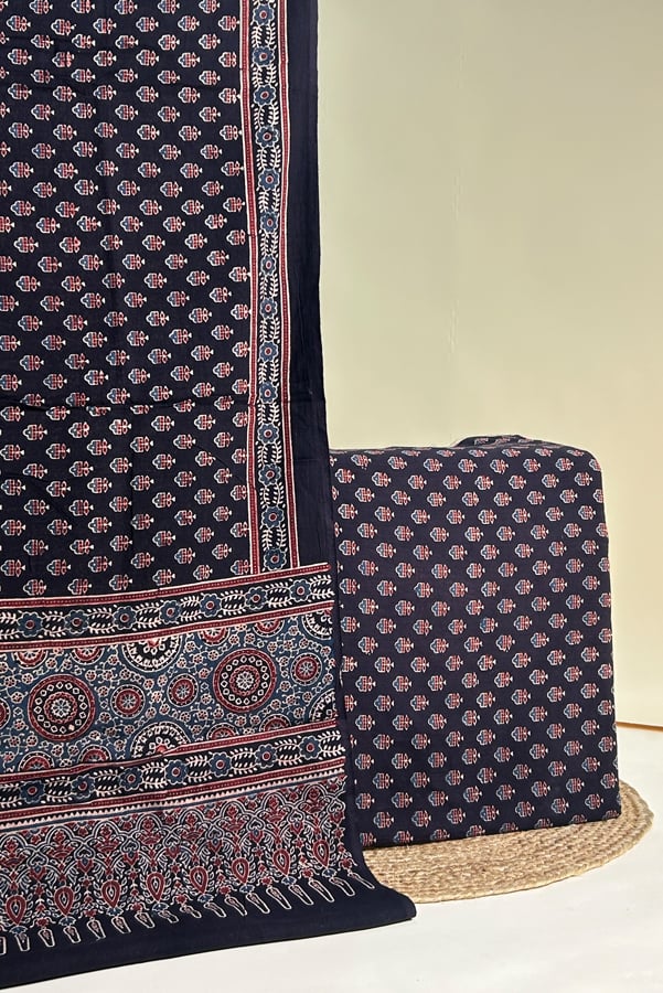 Black - 2pc Ajrakh HandCrafted Cotton Dupatta and Top Cotton Fabric Set