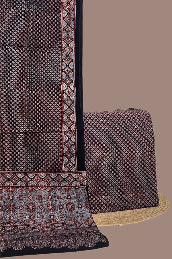 Black - 2pc Ajrakh HandCrafted Cotton Dupatta and Top Cotton Fabric Set Black - 2pc Ajrakh HandCrafted Cotton Dupatta and Top Cotton Fabric Set - Image 1