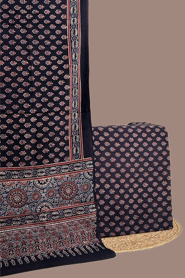Black - 2pc Ajrakh HandCrafted Cotton Dupatta and Top Cotton Fabric Set Black - 2pc Ajrakh HandCrafted Cotton Dupatta and Top Cotton Fabric Set - Image 1