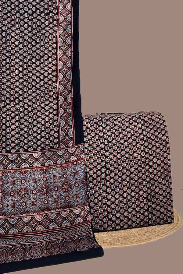 Black - 2pc Ajrakh HandCrafted Cotton Dupatta and Top Cotton Fabric Set Black - 2pc Ajrakh HandCrafted Cotton Dupatta and Top Cotton Fabric Set - Image 1