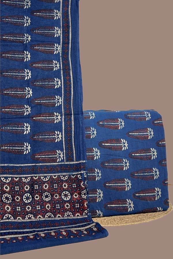 Blue - 2pc Ajrakh HandCrafted Cotton Dupatta and Top Cotton Fabric Set Blue - 2pc Ajrakh HandCrafted Cotton Dupatta and Top Cotton Fabric Set - Image 1